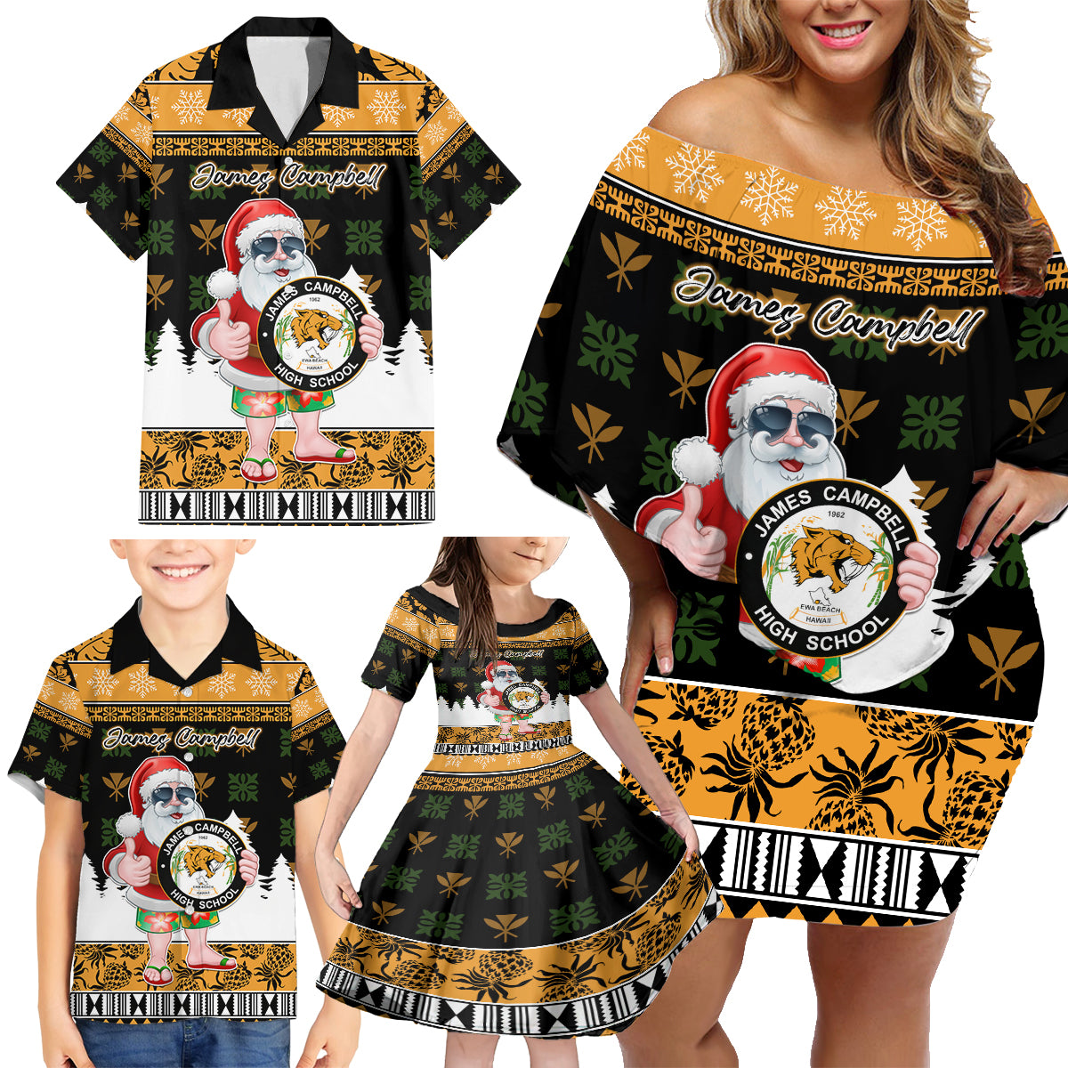 Custom Hawaii James Campbell High School Christmas Family Matching Off Shoulder Short Dress and Hawaiian Shirt Tropical Santa Claus LT05 - Polynesian Pride