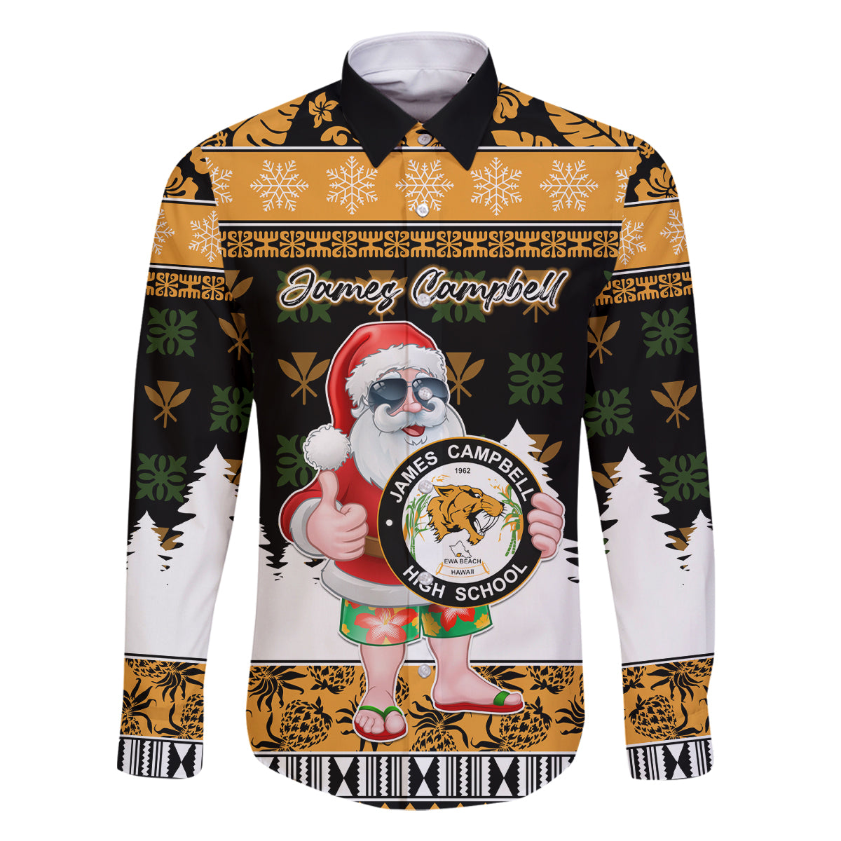 Custom Hawaii James Campbell High School Christmas Family Matching Tank Maxi Dress and Hawaiian Shirt Tropical Santa Claus LT05 Dad's Shirt - Long Sleeve Black - Polynesian Pride