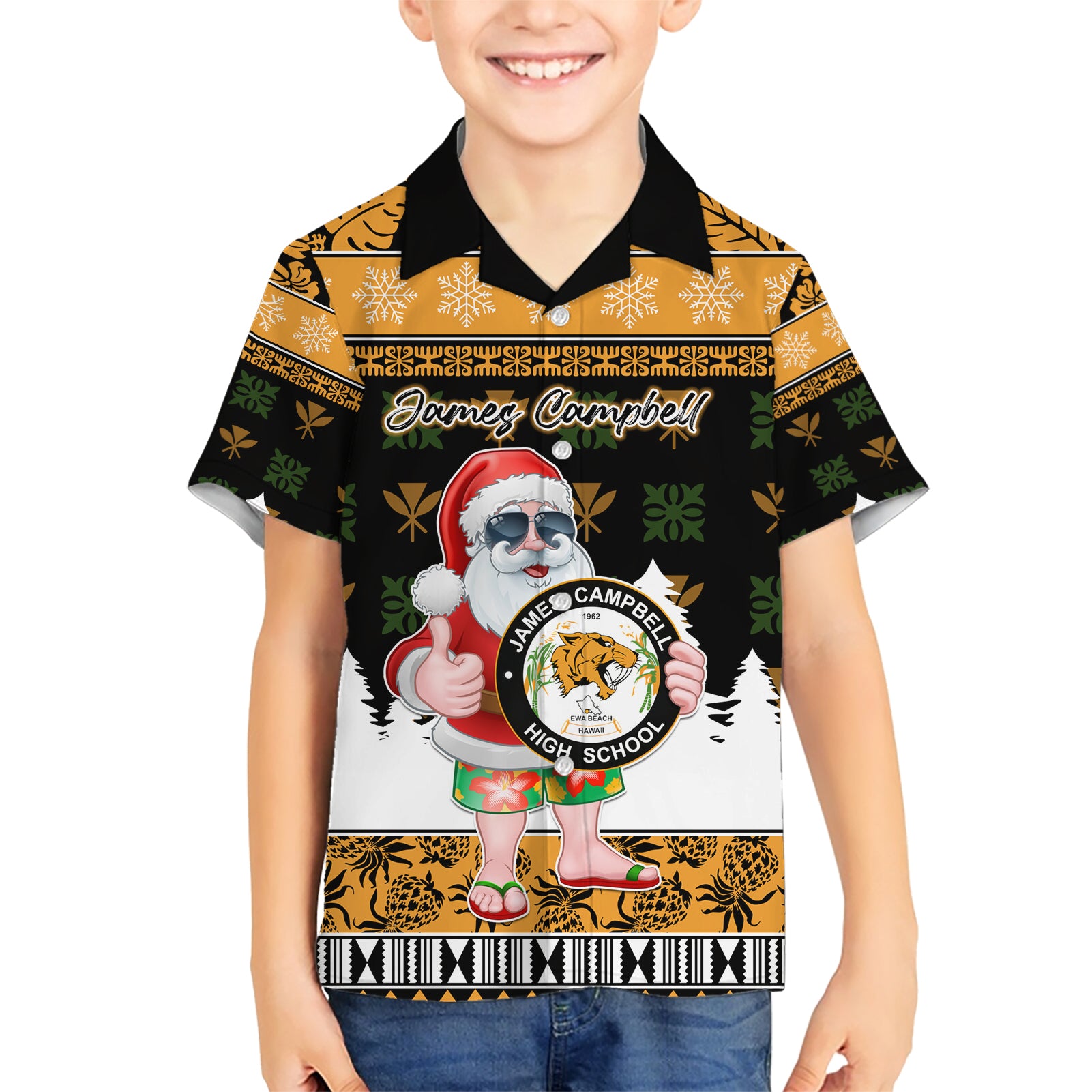 Custom Hawaii James Campbell High School Christmas Kid Hawaiian Shirt Tropical Santa Claus LT05 Kid Black - Polynesian Pride