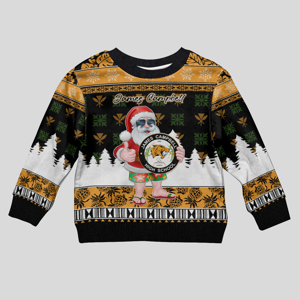 Custom Hawaii James Campbell High School Christmas Kid Ugly Christmas Sweater Tropical Santa Claus LT05 Kid Black - Polynesian Pride