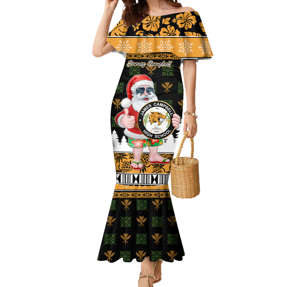 Custom Hawaii James Campbell High School Christmas Mermaid Dress Tropical Santa Claus LT05 Women Black - Polynesian Pride