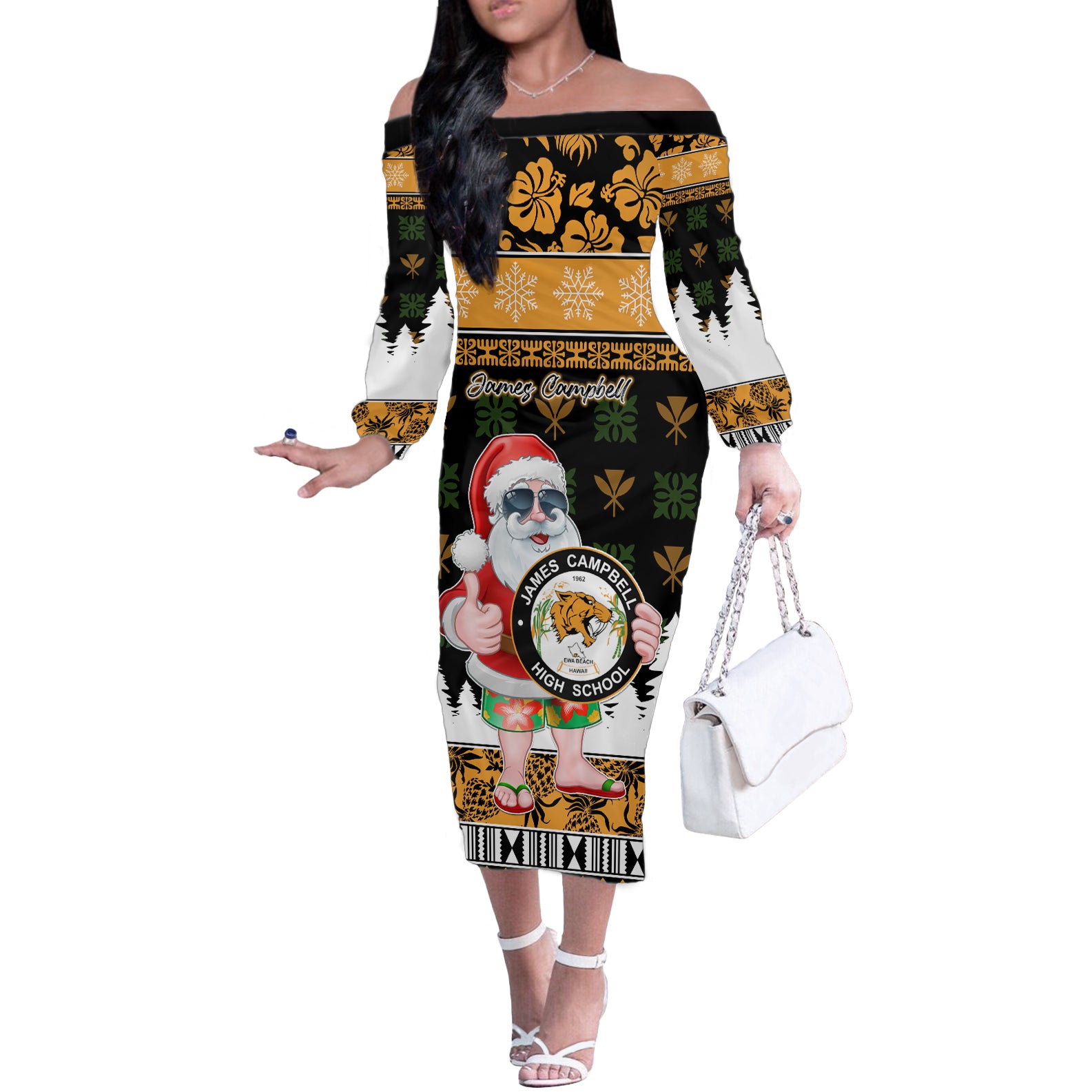 Custom Hawaii James Campbell High School Christmas Off The Shoulder Long Sleeve Dress Tropical Santa Claus LT05 Women Black - Polynesian Pride