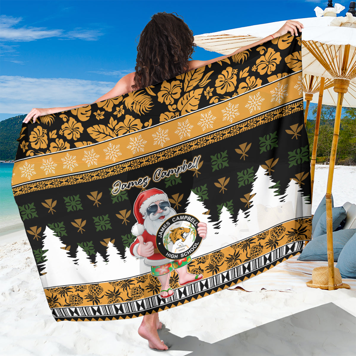 Custom Hawaii James Campbell High School Christmas Sarong Tropical Santa Claus LT05 One Size 44 x 66 inches Black - Polynesian Pride