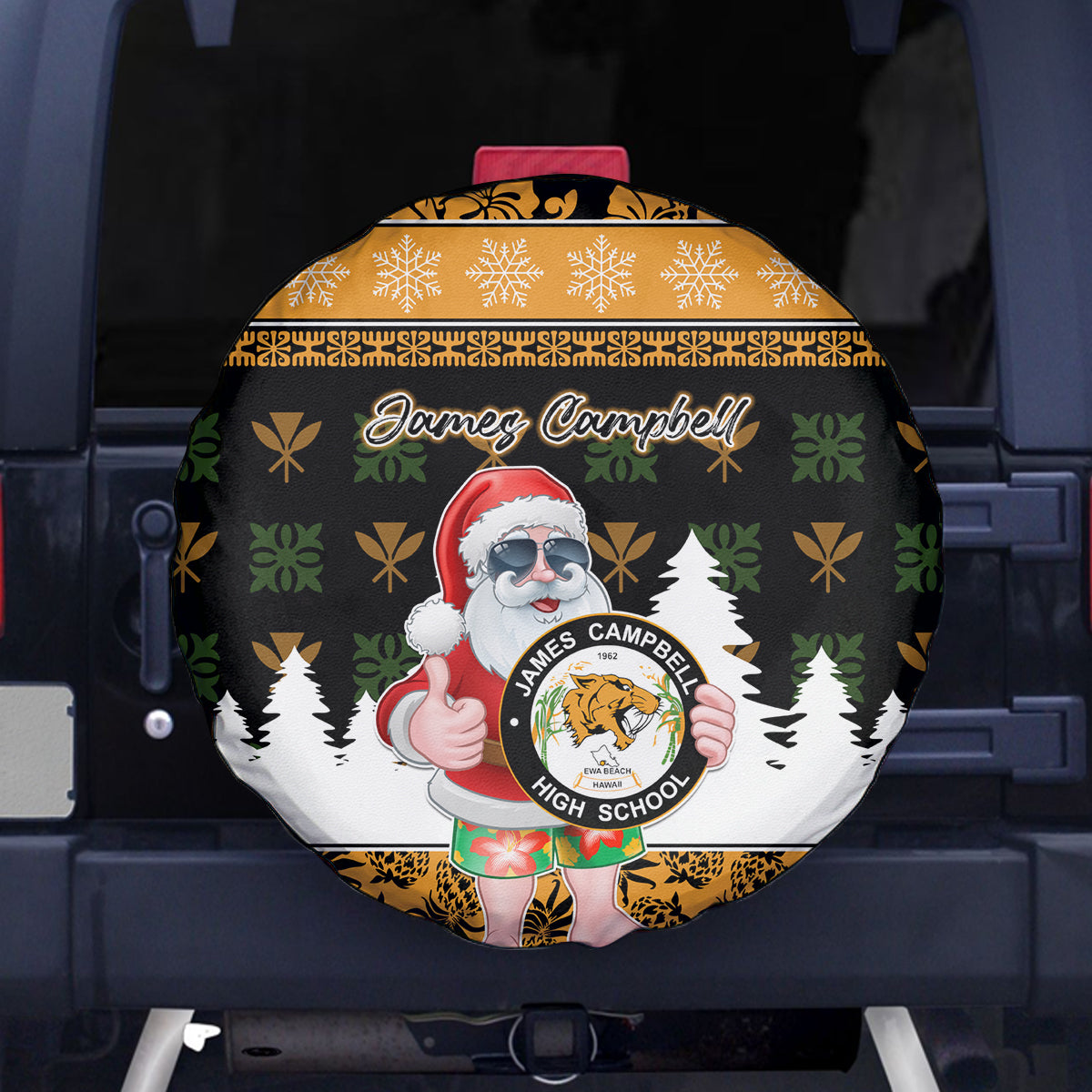 Custom Hawaii James Campbell High School Christmas Spare Tire Cover Tropical Santa Claus LT05 Black - Polynesian Pride