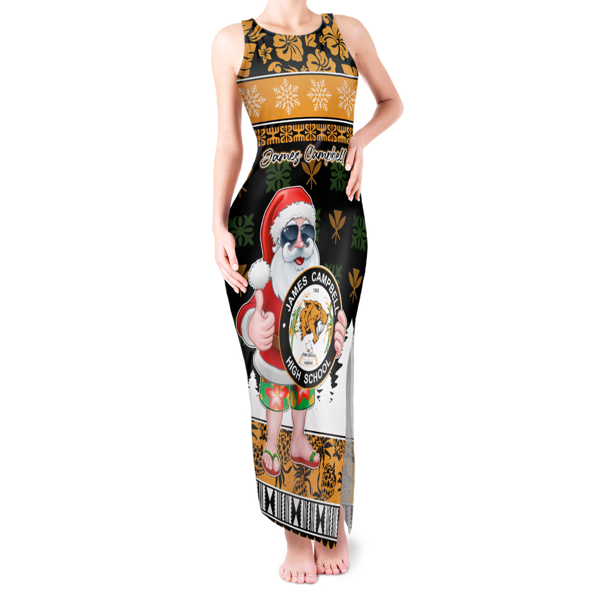 Custom Hawaii James Campbell High School Christmas Tank Maxi Dress Tropical Santa Claus LT05 Women Black - Polynesian Pride