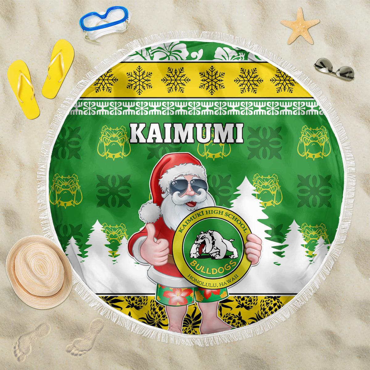 Custom Hawaii Kaimuki High School Christmas Beach Blanket Tropical Santa Claus LT05 One Size 150cm Green - Polynesian Pride