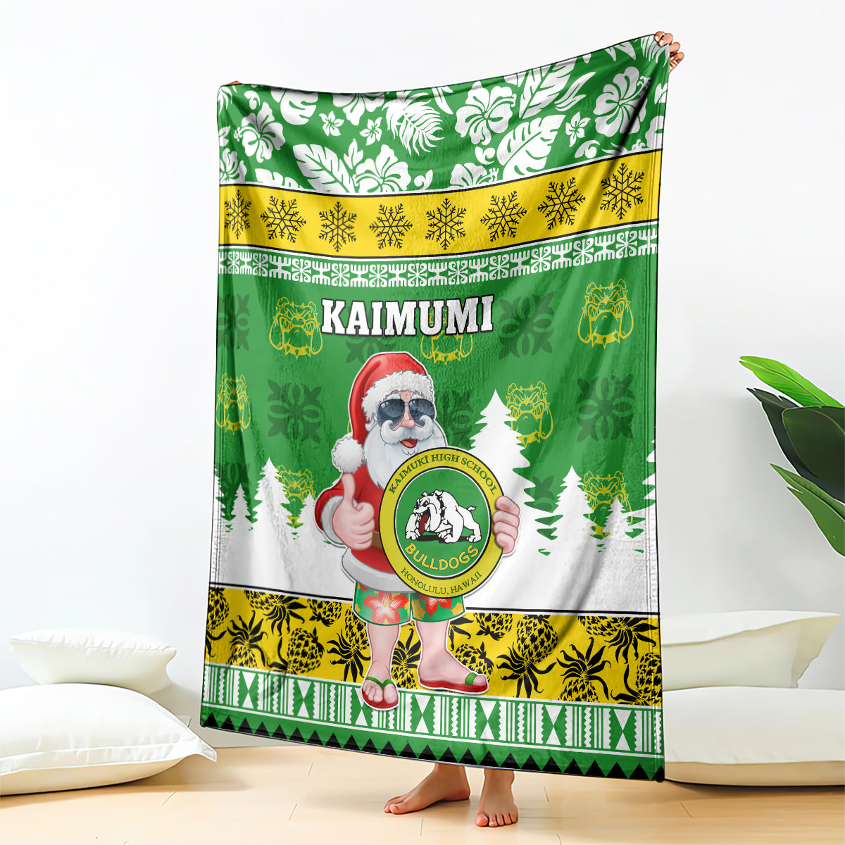 Custom Hawaii Kaimuki High School Christmas Blanket Tropical Santa Claus LT05 Green - Polynesian Pride