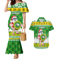 Custom Hawaii Kaimuki High School Christmas Couples Matching Mermaid Dress and Hawaiian Shirt Tropical Santa Claus LT05 Green - Polynesian Pride