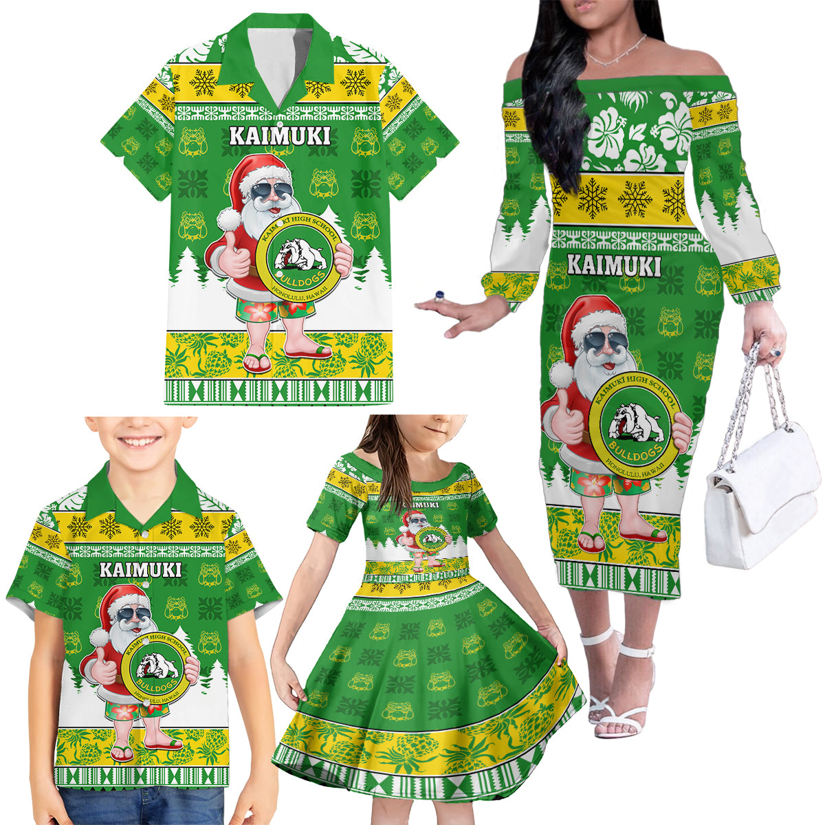 Custom Hawaii Kaimuki High School Christmas Family Matching Off Shoulder Long Sleeve Dress and Hawaiian Shirt Tropical Santa Claus LT05 - Polynesian Pride