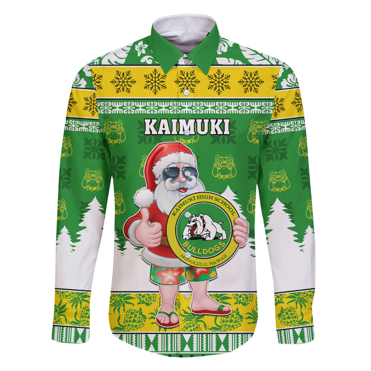 Custom Hawaii Kaimuki High School Christmas Family Matching Off Shoulder Long Sleeve Dress and Hawaiian Shirt Tropical Santa Claus LT05 Dad's Shirt - Long Sleeve Green - Polynesian Pride