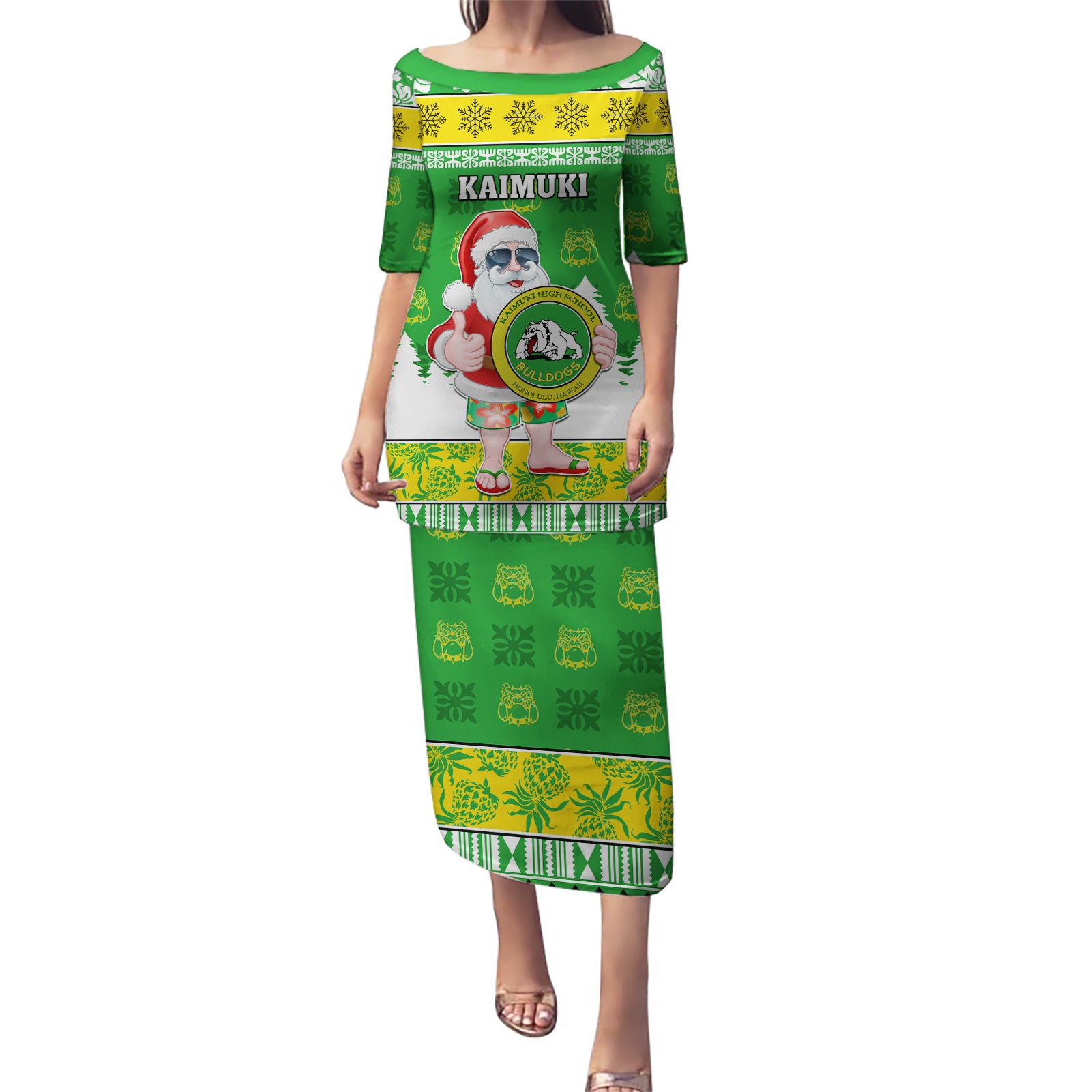 Custom Hawaii Kaimuki High School Christmas Puletasi Tropical Santa Claus LT05 Long Dress Green - Polynesian Pride