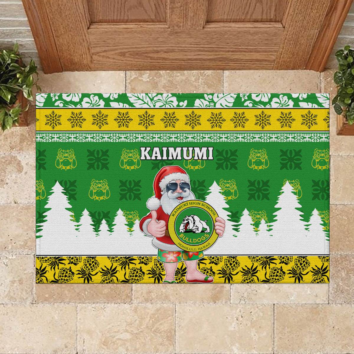 Custom Hawaii Kaimuki High School Christmas Rubber Doormat Tropical Santa Claus LT05 - Polynesian Pride