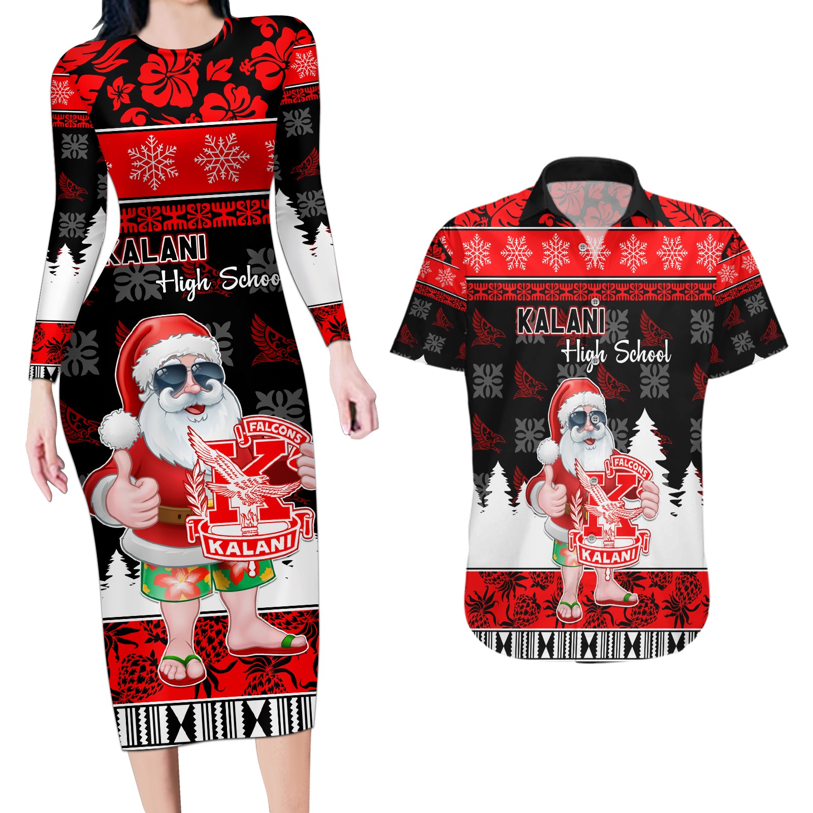 Custom Hawaii Kalani High School Christmas Couples Matching Long Sleeve Bodycon Dress and Hawaiian Shirt Tropical Santa Claus LT05 Red - Polynesian Pride