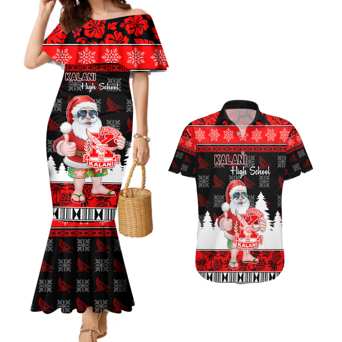 Custom Hawaii Kalani High School Christmas Couples Matching Mermaid Dress and Hawaiian Shirt Tropical Santa Claus LT05 Red - Polynesian Pride