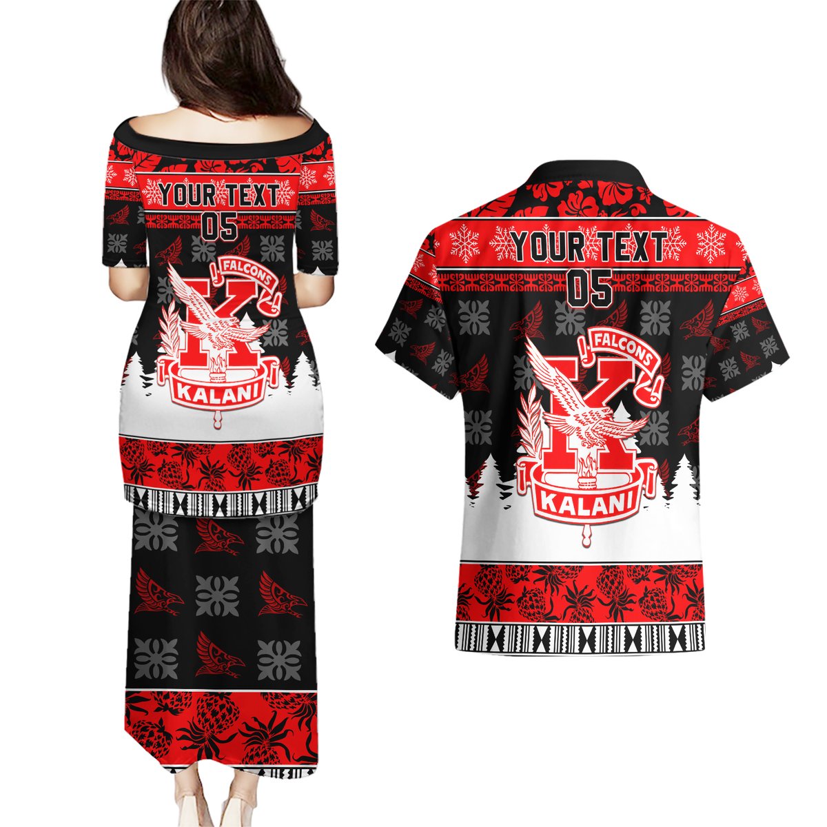 Custom Hawaii Kalani High School Christmas Couples Matching Puletasi Dress and Hawaiian Shirt Tropical Santa Claus LT05 - Polynesian Pride