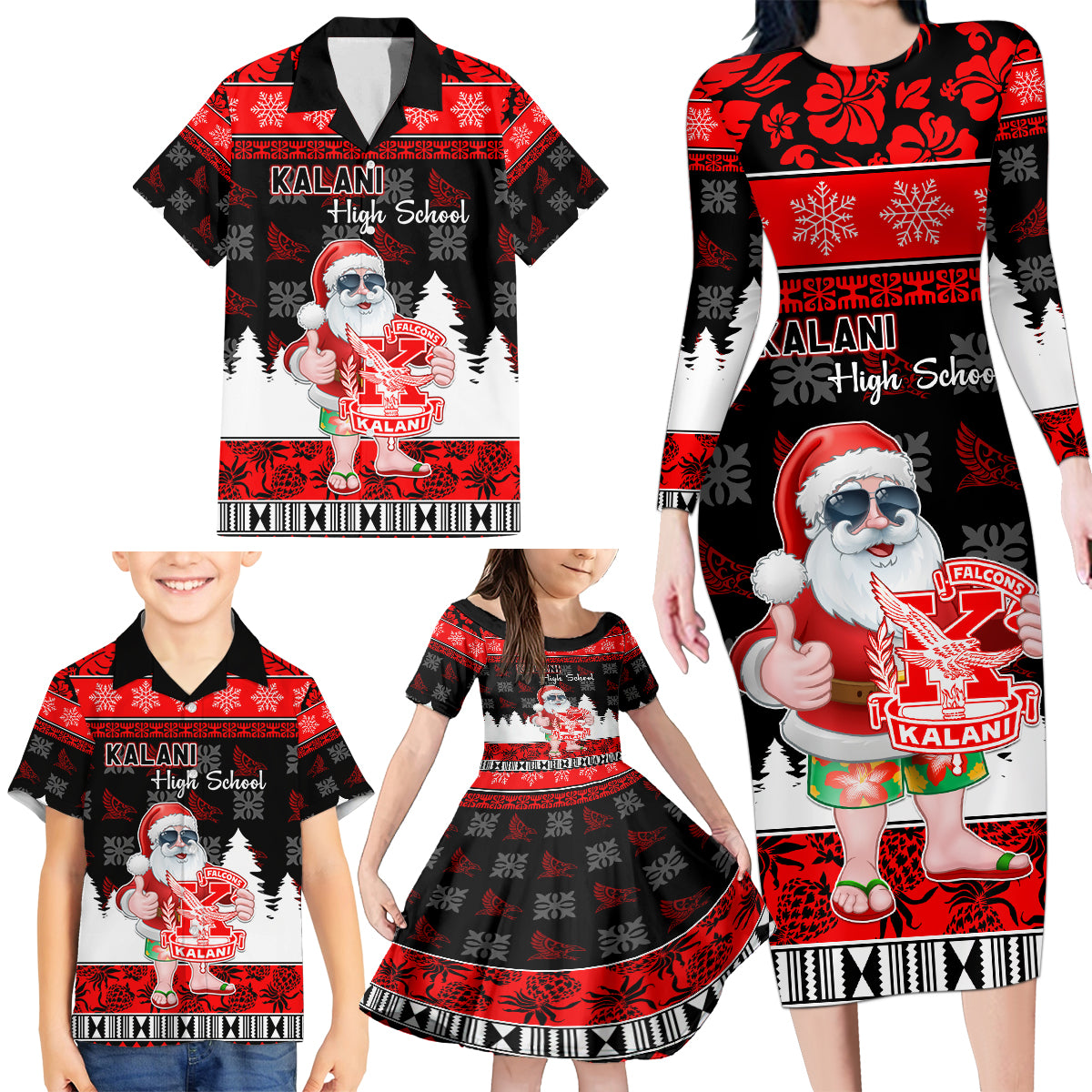 Custom Hawaii Kalani High School Christmas Family Matching Long Sleeve Bodycon Dress and Hawaiian Shirt Tropical Santa Claus LT05 - Polynesian Pride