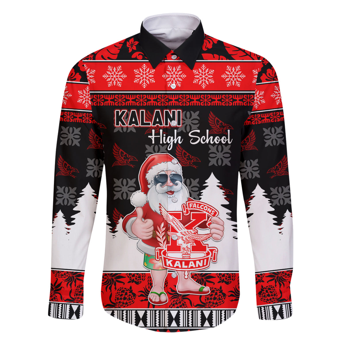 Custom Hawaii Kalani High School Christmas Family Matching Off Shoulder Maxi Dress and Hawaiian Shirt Tropical Santa Claus LT05 Dad's Shirt - Long Sleeve Red - Polynesian Pride