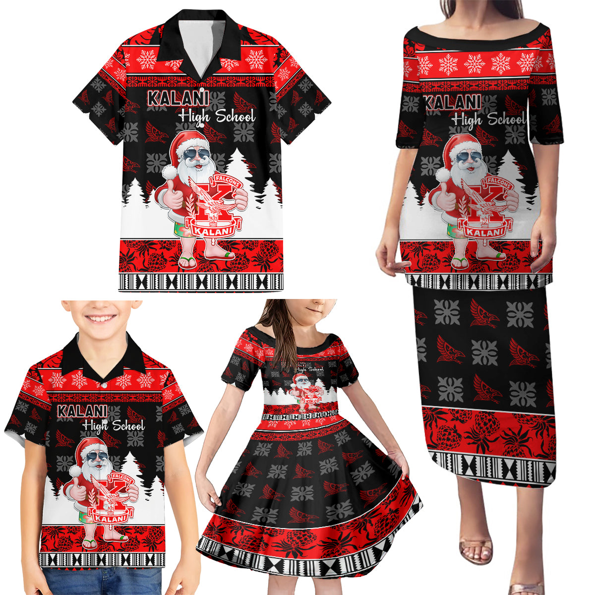 Custom Hawaii Kalani High School Christmas Family Matching Puletasi Dress and Hawaiian Shirt Tropical Santa Claus LT05 - Polynesian Pride