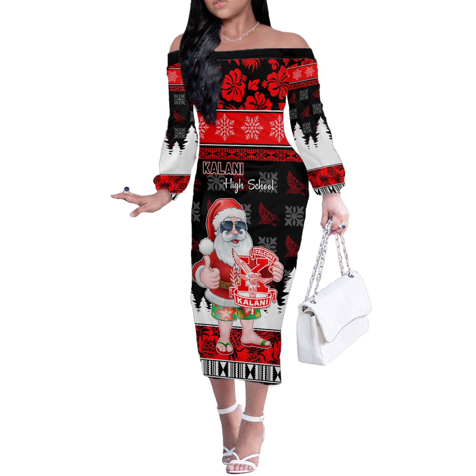 Custom Hawaii Kalani High School Christmas Off The Shoulder Long Sleeve Dress Tropical Santa Claus LT05 Women Red - Polynesian Pride