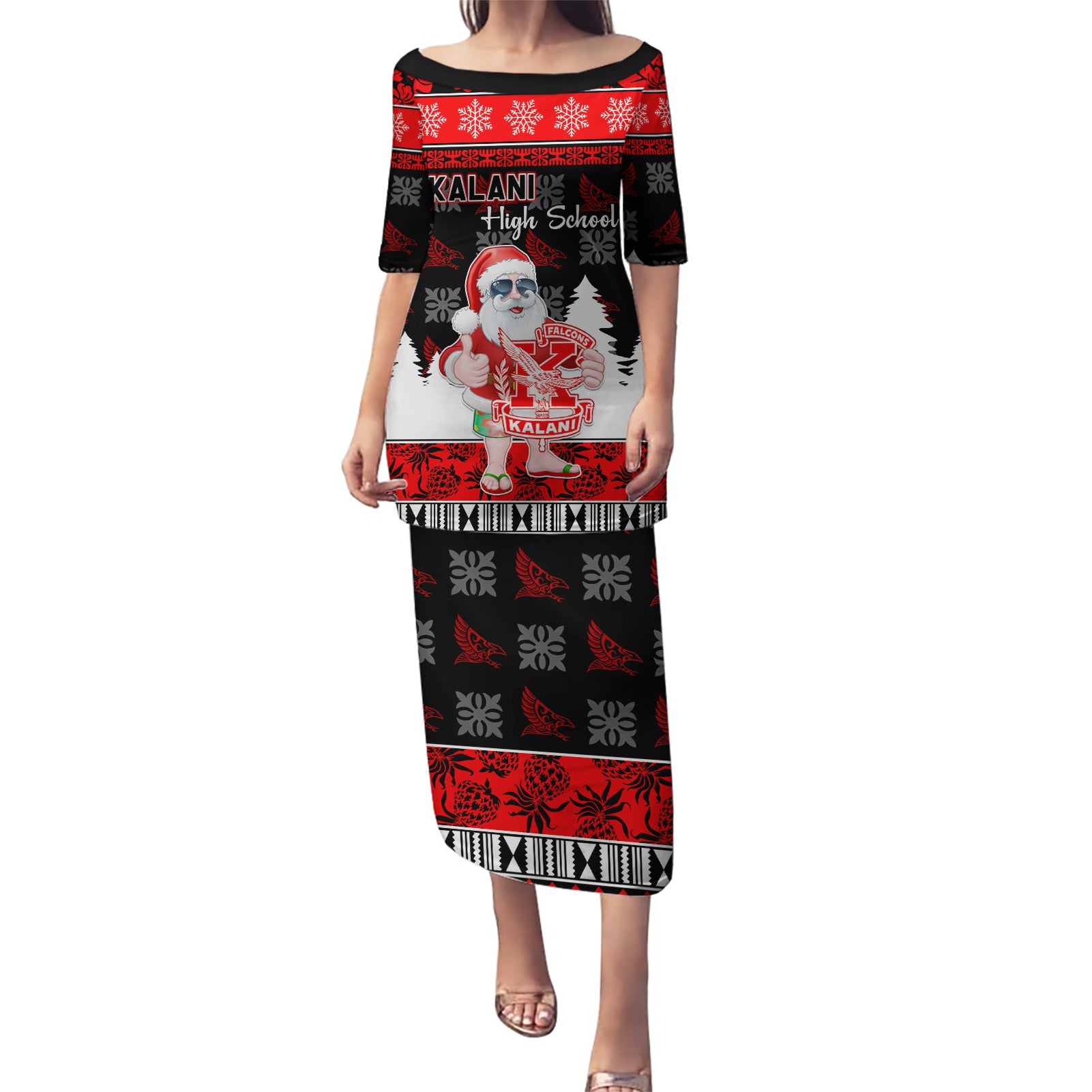 Custom Hawaii Kalani High School Christmas Puletasi Tropical Santa Claus LT05 Long Dress Red - Polynesian Pride