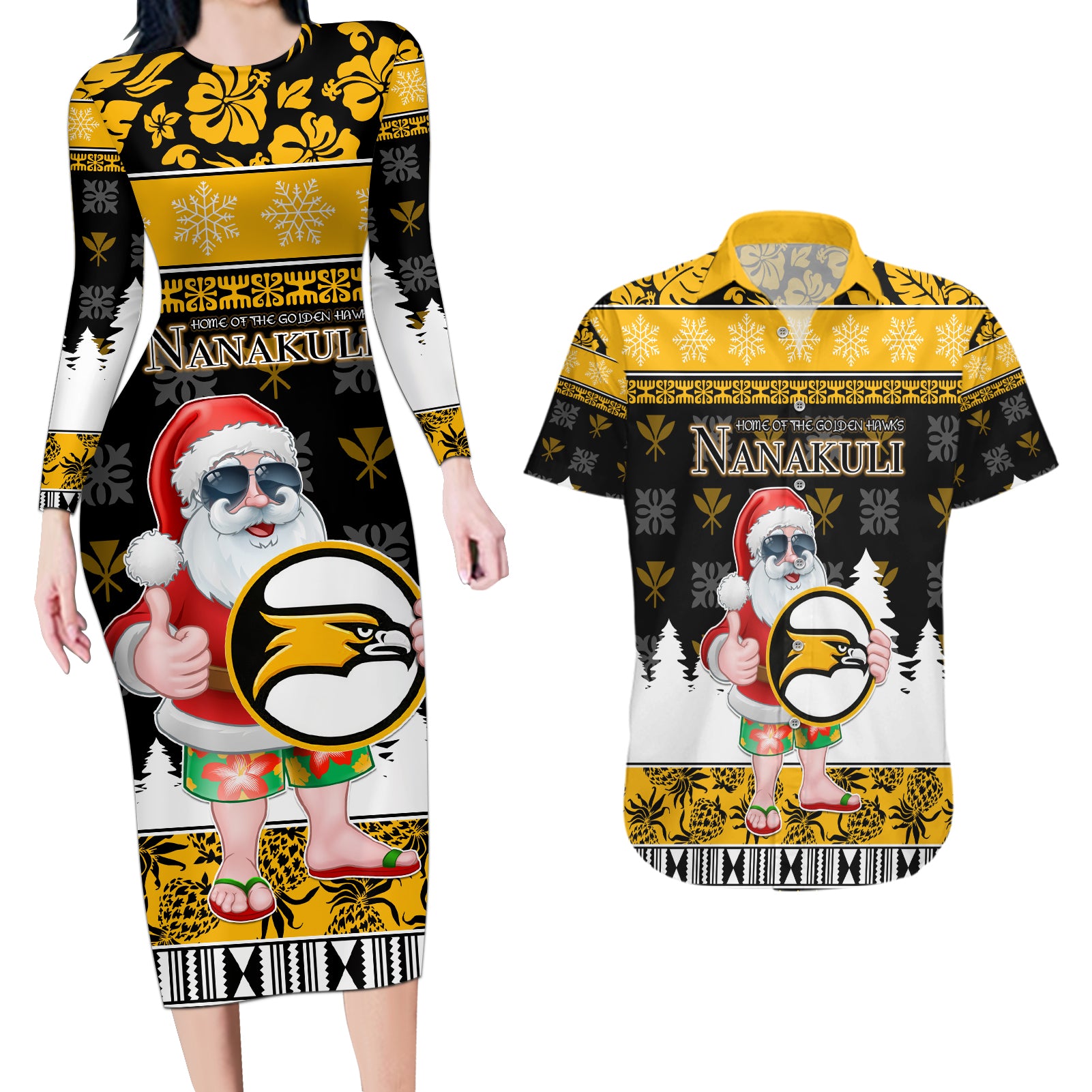 Custom Hawaii Nanakuli High and Intermediate School Christmas Couples Matching Long Sleeve Bodycon Dress and Hawaiian Shirt Tropical Santa Claus LT05 Yellow - Polynesian Pride