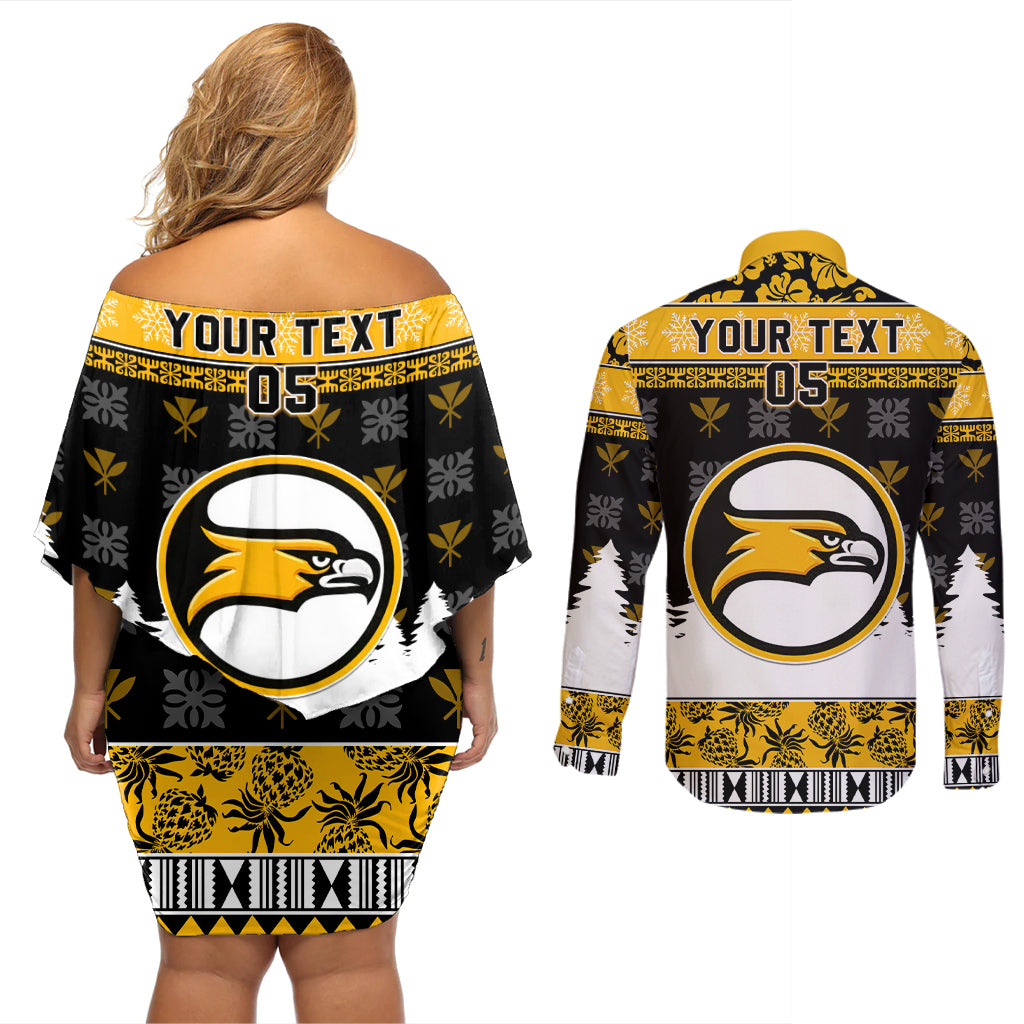 Custom Hawaii Nanakuli High and Intermediate School Christmas Couples Matching Off Shoulder Short Dress and Long Sleeve Button Shirt Tropical Santa Claus LT05 - Polynesian Pride