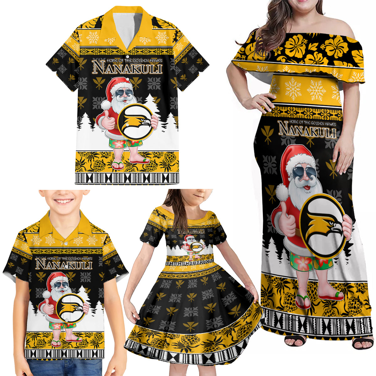 Custom Hawaii Nanakuli High and Intermediate School Christmas Family Matching Off Shoulder Maxi Dress and Hawaiian Shirt Tropical Santa Claus LT05 - Polynesian Pride