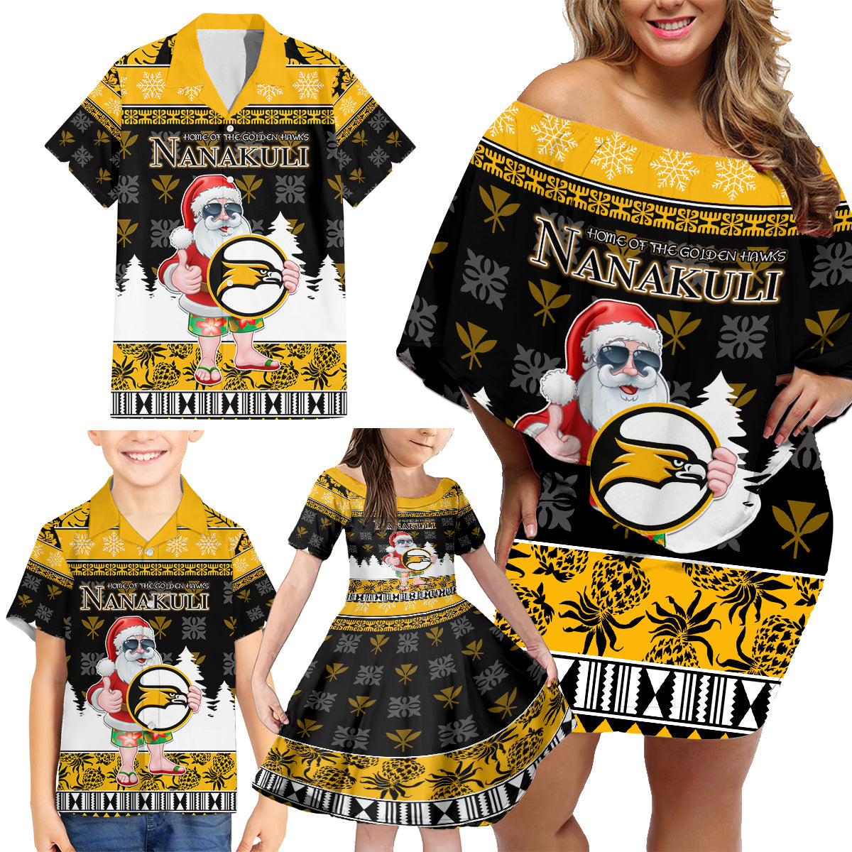 Custom Hawaii Nanakuli High and Intermediate School Christmas Family Matching Off Shoulder Short Dress and Hawaiian Shirt Tropical Santa Claus LT05 - Polynesian Pride