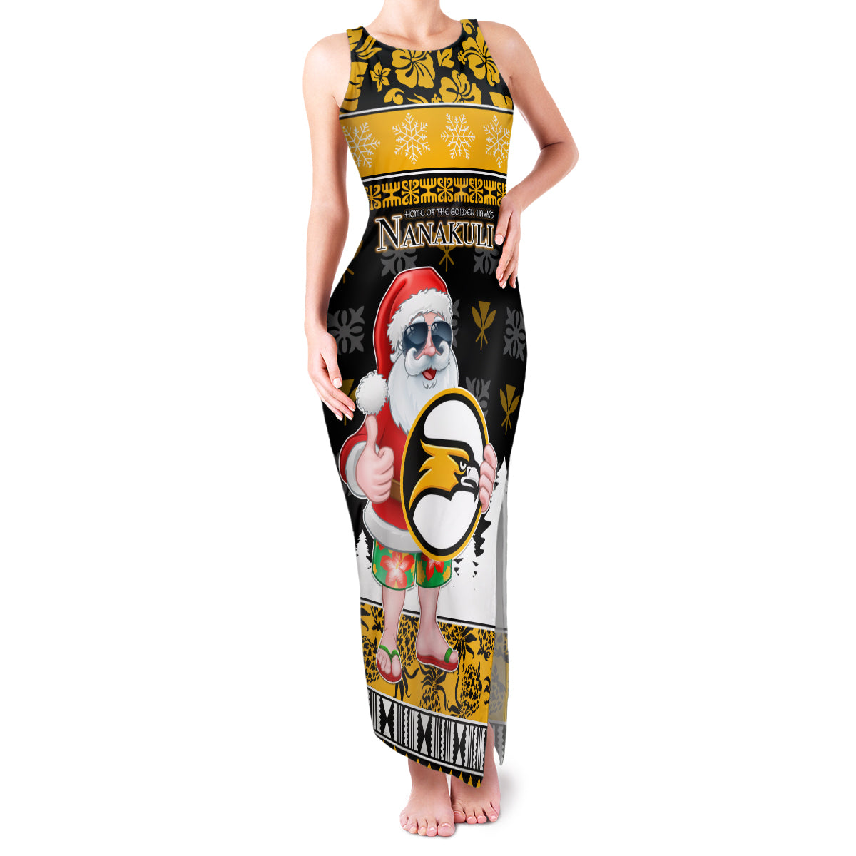 Custom Hawaii Nanakuli High and Intermediate School Christmas Family Matching Tank Maxi Dress and Hawaiian Shirt Tropical Santa Claus LT05 Mom's Dress Yellow - Polynesian Pride