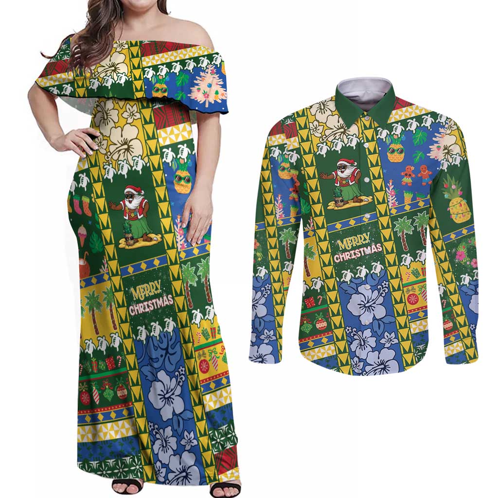 Solomon Islands Christmas Couples Matching Off Shoulder Maxi Dress and Long Sleeve Button Shirt Festive Beach Vibes LT05 Green - Polynesian Pride