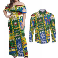 Solomon Islands Christmas Couples Matching Off Shoulder Maxi Dress and Long Sleeve Button Shirt Festive Beach Vibes LT05 Green - Polynesian Pride