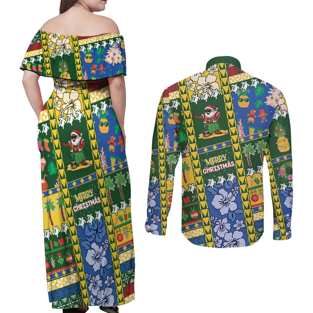 Solomon Islands Christmas Couples Matching Off Shoulder Maxi Dress and Long Sleeve Button Shirt Festive Beach Vibes LT05 - Polynesian Pride