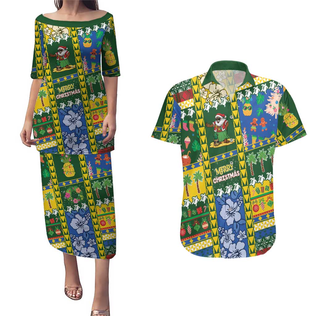 Solomon Islands Christmas Couples Matching Puletasi and Hawaiian Shirt Festive Beach Vibes LT05 Green - Polynesian Pride