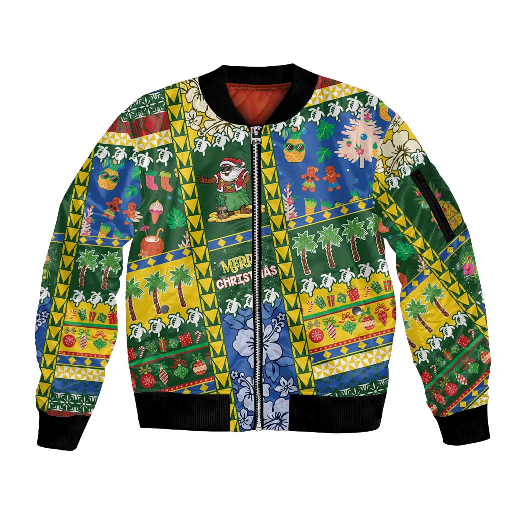 Solomon Islands Christmas Sleeve Zip Bomber Jacket Festive Beach Vibes LT05 Unisex Green - Polynesian Pride