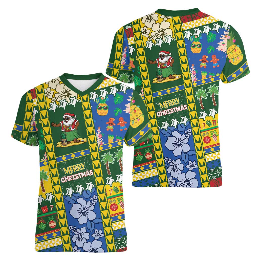 Solomon Islands Christmas Women V-Neck T-Shirt Festive Beach Vibes LT05 - Polynesian Pride