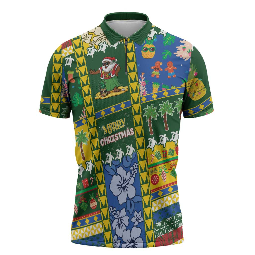 Solomon Islands Christmas Zipper Polo Shirt Festive Beach Vibes LT05 Green - Polynesian Pride