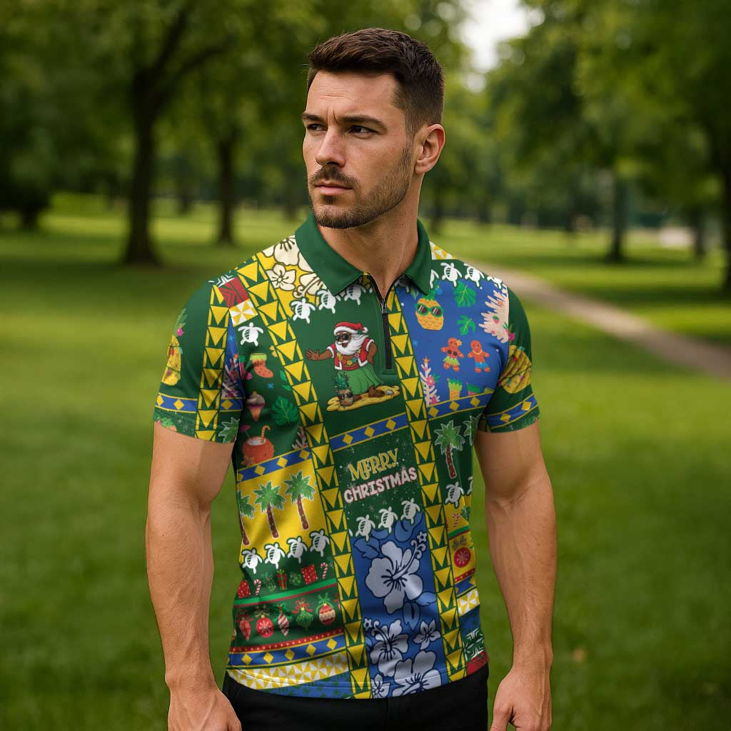 Solomon Islands Christmas Zipper Polo Shirt Festive Beach Vibes LT05 - Polynesian Pride
