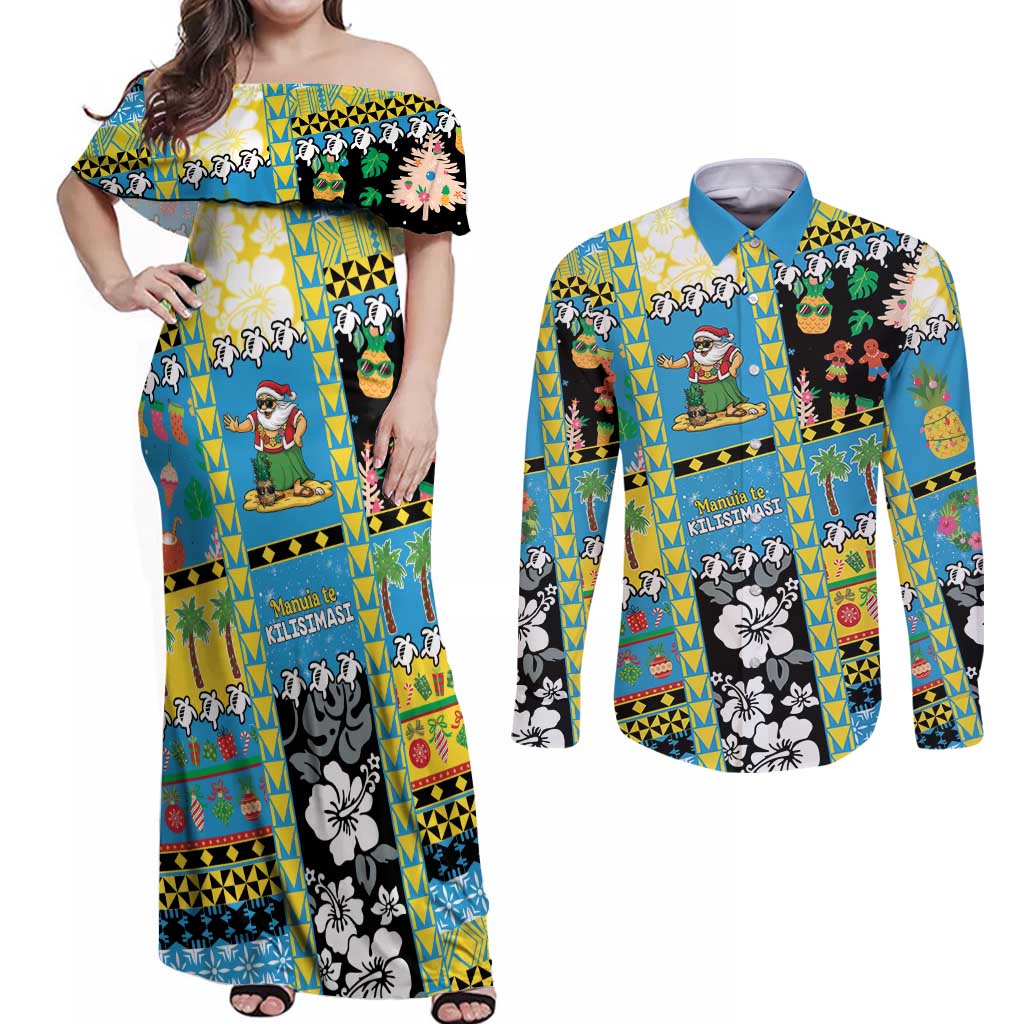 Tuvalu Christmas Couples Matching Off Shoulder Maxi Dress and Long Sleeve Button Shirt Festive Beach Vibes - Polynesian Pride