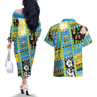 Tuvalu Christmas Couples Matching Off The Shoulder Long Sleeve Dress and Hawaiian Shirt Festive Beach Vibes - Polynesian Pride