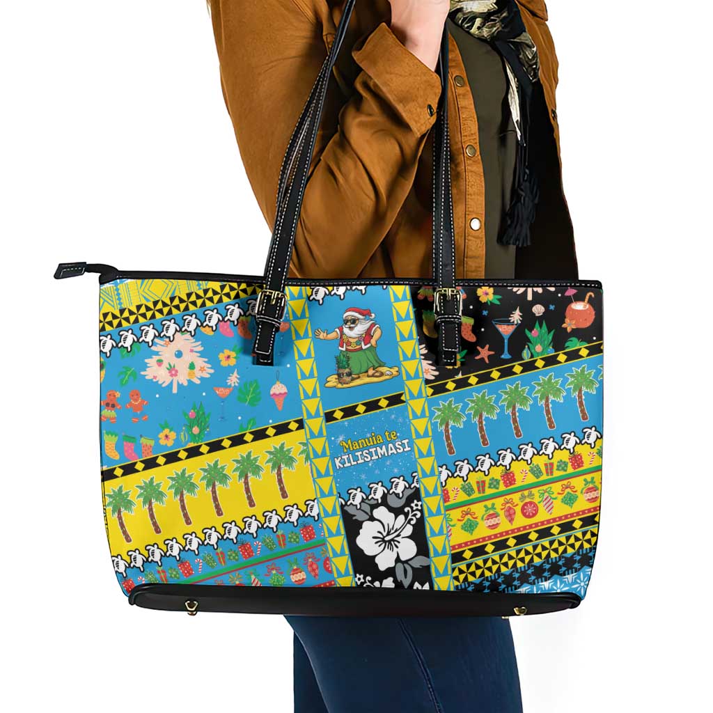 Tuvalu Christmas Leather Tote Bag Festive Beach Vibes - Polynesian Pride