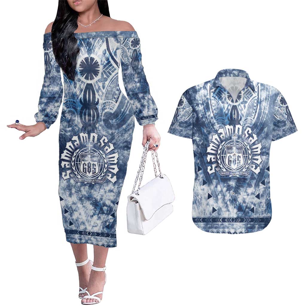Samoa 685 Couples Matching Off The Shoulder Long Sleeve Dress and Hawaiian Shirt Polynesian Pattern Tie Dye Style LT05 Blue - Polynesian Pride