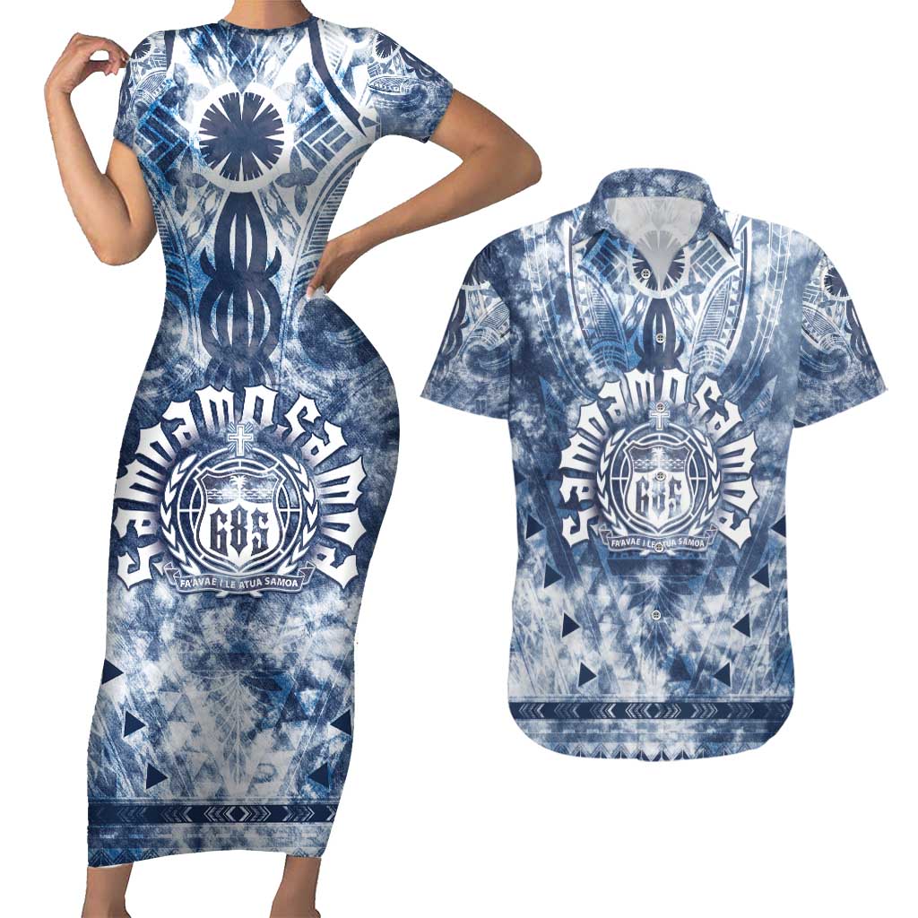 Samoa 685 Couples Matching Short Sleeve Bodycon Dress and Hawaiian Shirt Polynesian Pattern Tie Dye Style LT05 Blue - Polynesian Pride