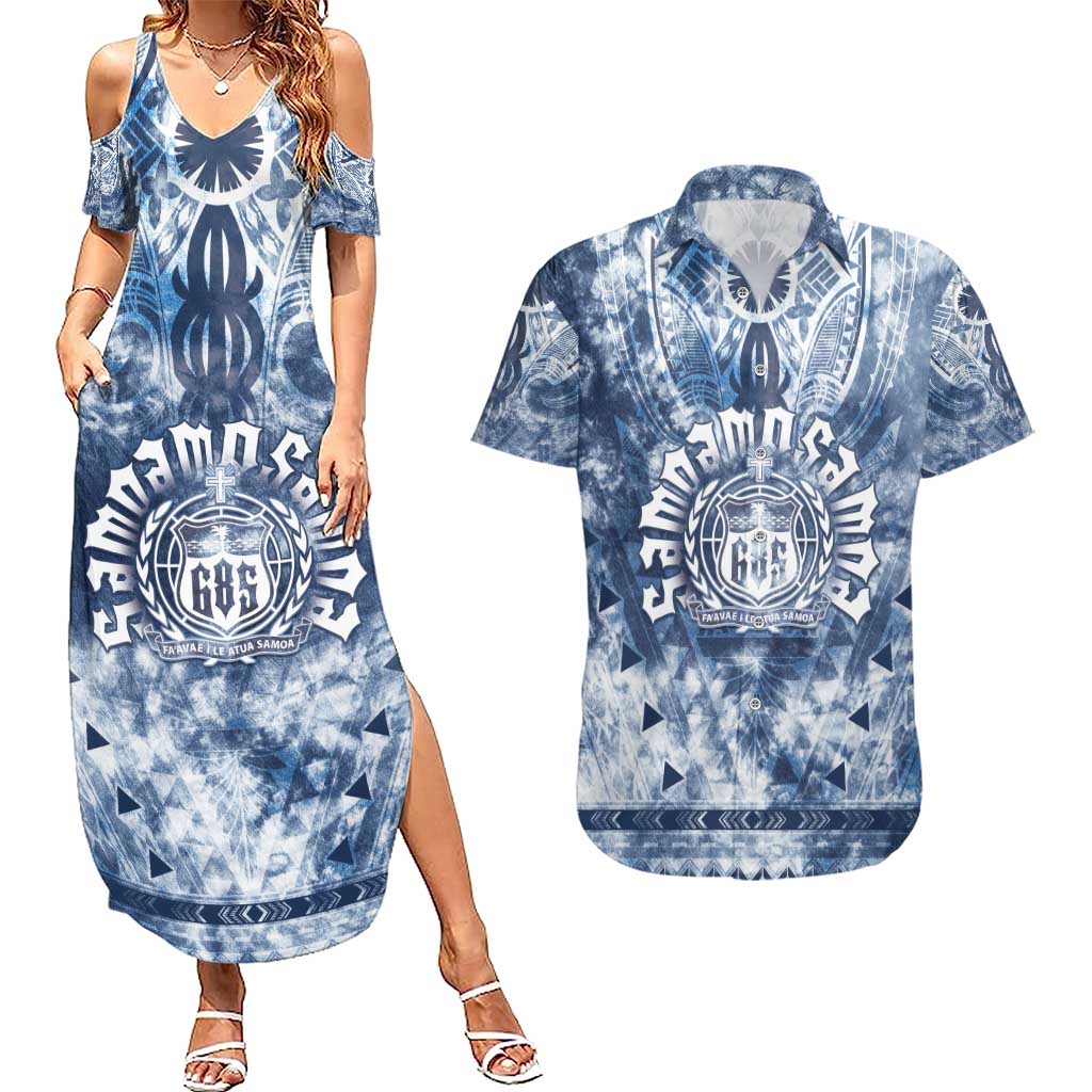Samoa 685 Couples Matching Summer Maxi Dress and Hawaiian Shirt Polynesian Pattern Tie Dye Style LT05 Blue - Polynesian Pride