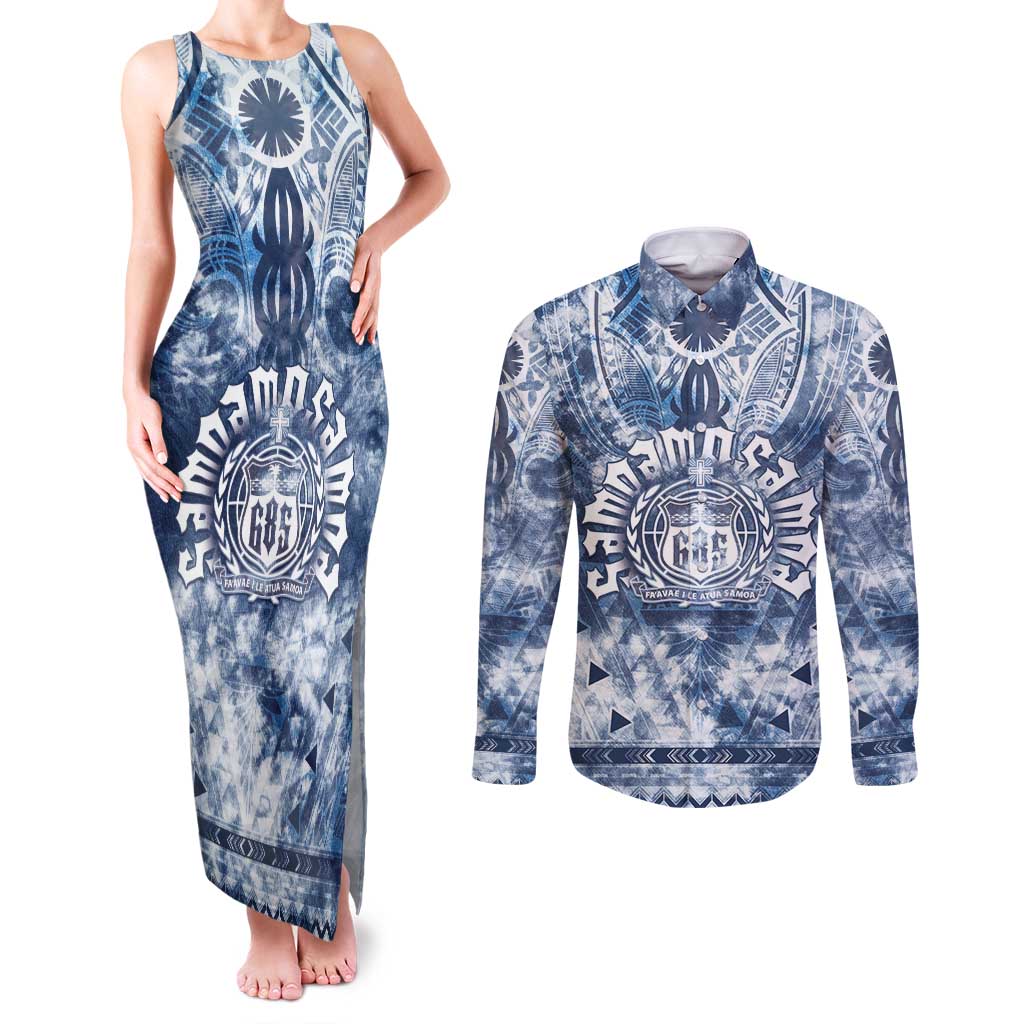 Samoa 685 Couples Matching Tank Maxi Dress and Long Sleeve Button Shirt Polynesian Pattern Tie Dye Style LT05 Blue - Polynesian Pride