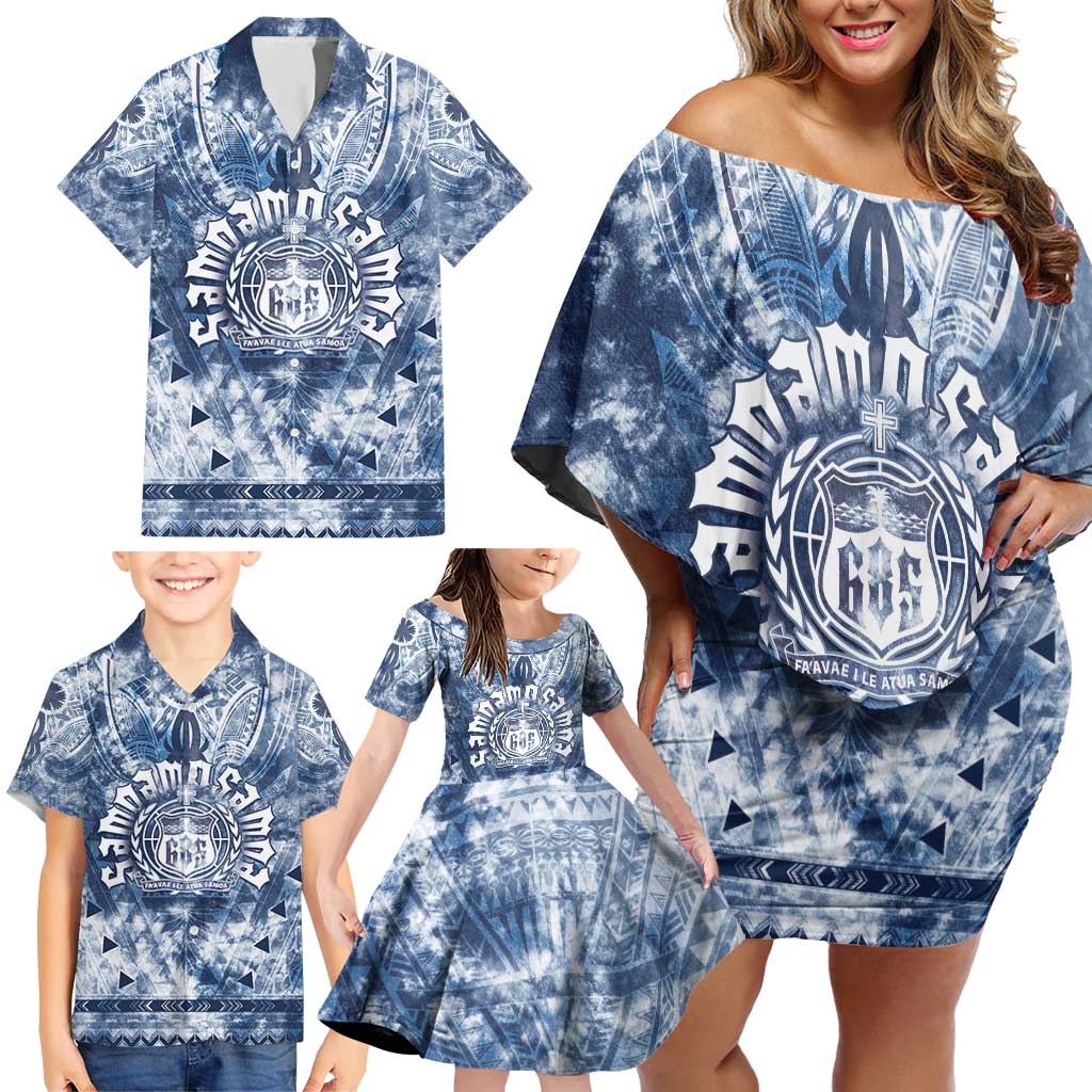 Samoa 685 Family Matching Off Shoulder Short Dress and Hawaiian Shirt Polynesian Pattern Tie Dye Style