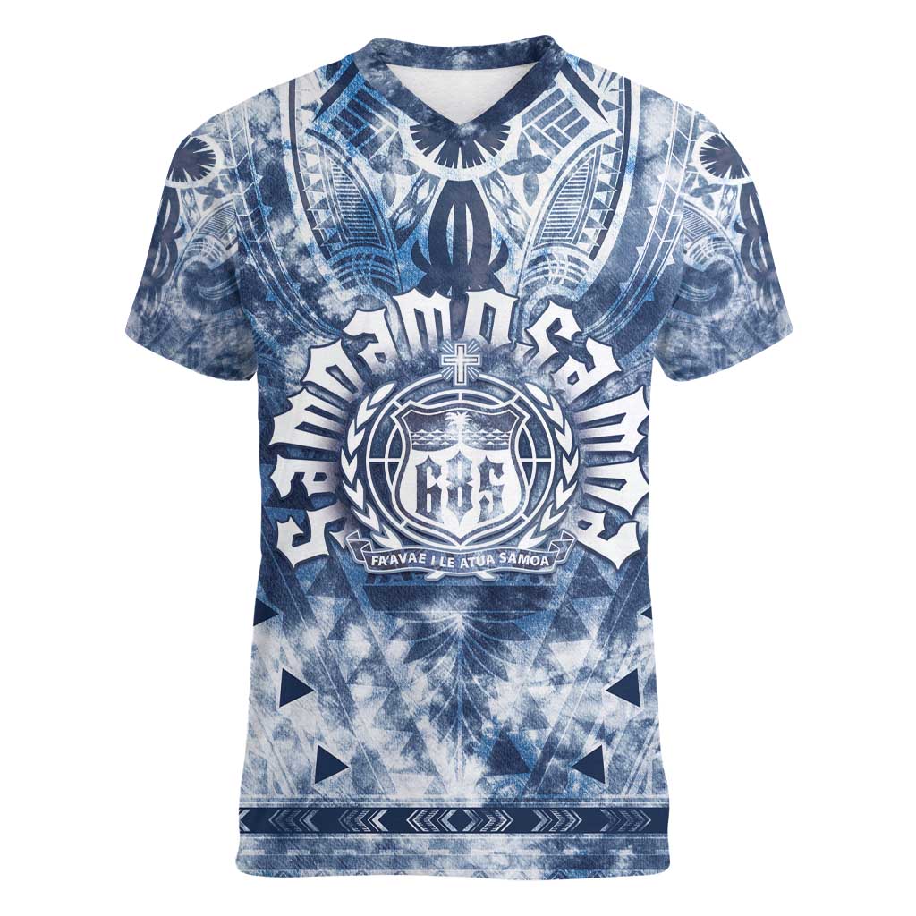 Samoa 685 Women V-Neck T-Shirt Polynesian Pattern Tie Dye Style LT05 Female Blue - Polynesian Pride