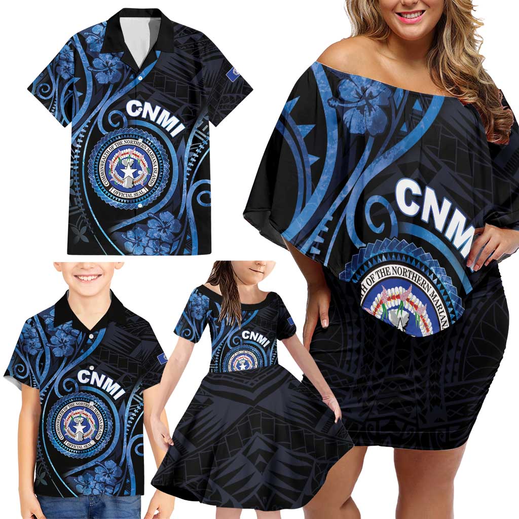 Personalized Northern Mariana Islands Family Matching Off Shoulder Short Dress and Hawaiian Shirt Ocean Floral Pattern