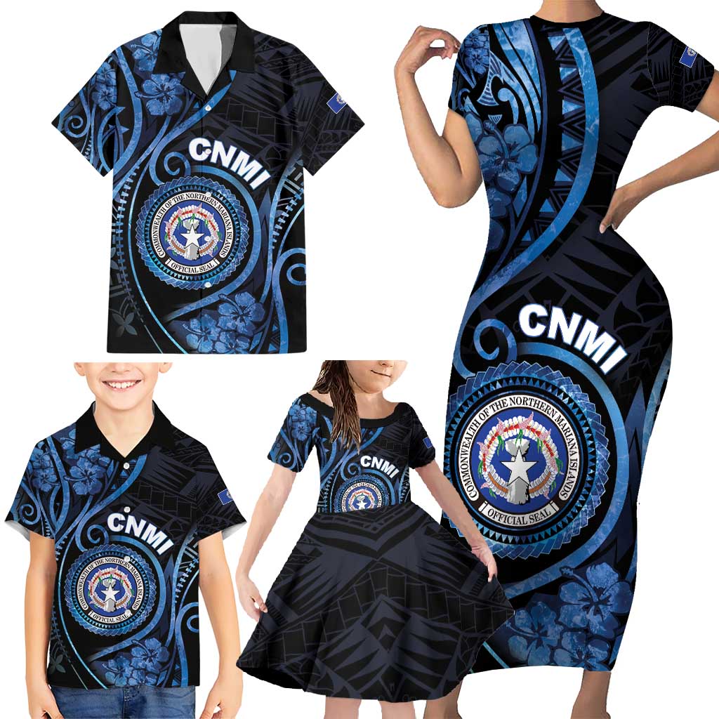 Personalized Northern Mariana Islands Family Matching Short Sleeve Bodycon Dress and Hawaiian Shirt Ocean Floral Pattern