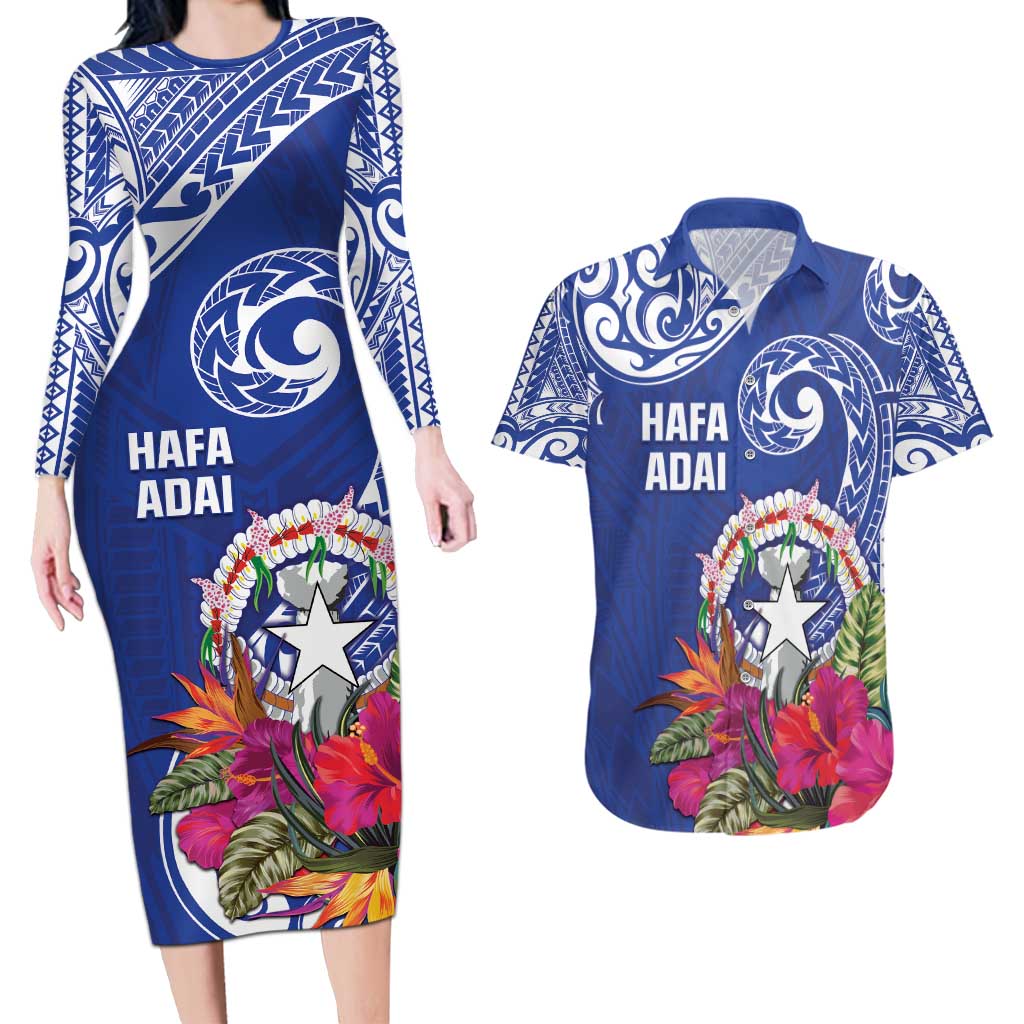 Hafa Adai Northern Mariana Islands Couples Matching Long Sleeve Bodycon Dress and Hawaiian Shirt Polynesian Tribal Pattern