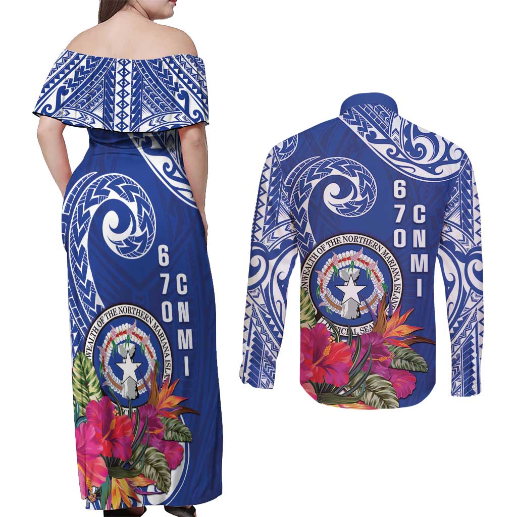 Hafa Adai Northern Mariana Islands Couples Matching Off Shoulder Maxi Dress and Long Sleeve Button Shirt Polynesian Tribal Pattern